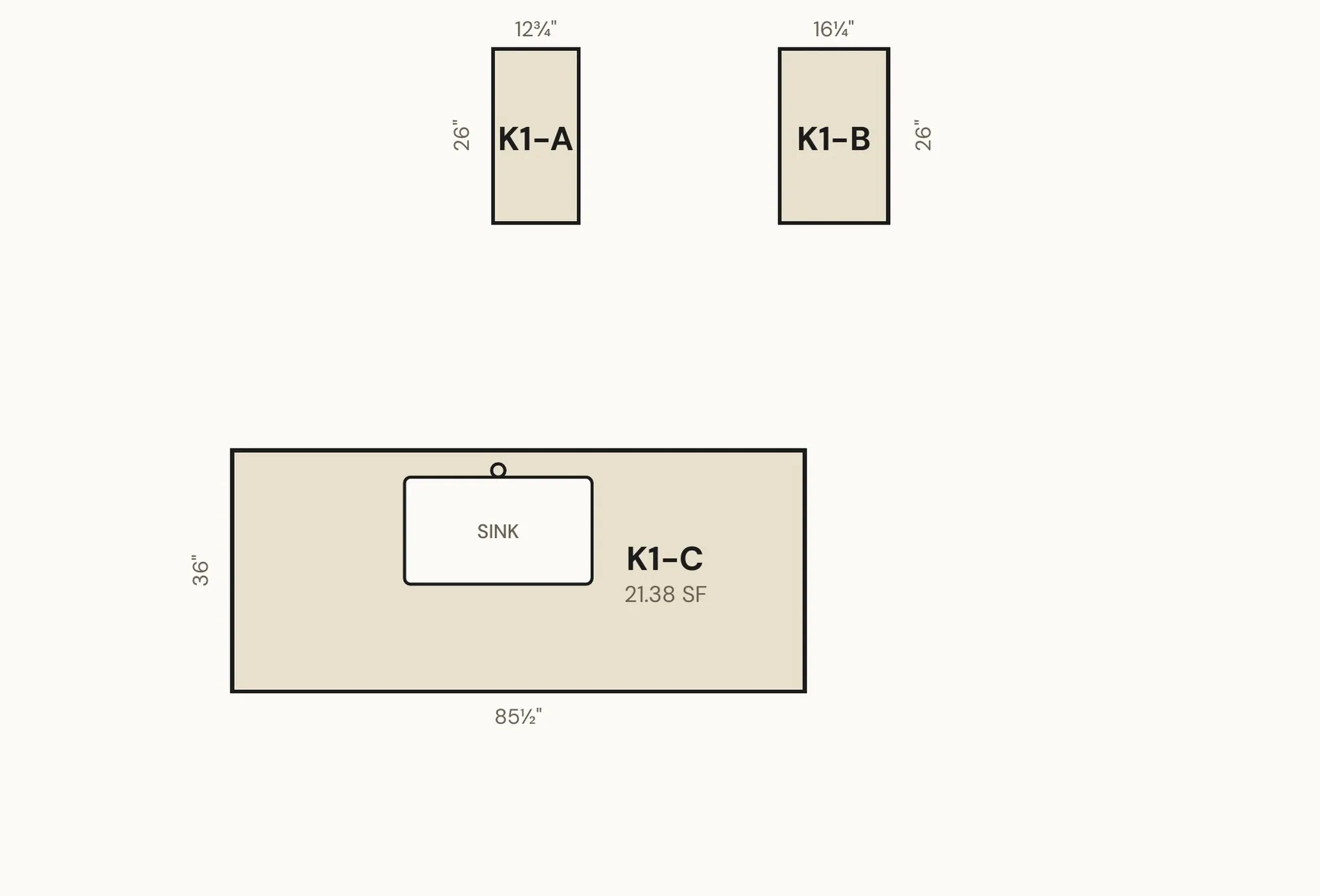 A takeoff drawing of two counters and an island with a sink, each labeled and dimensioned.