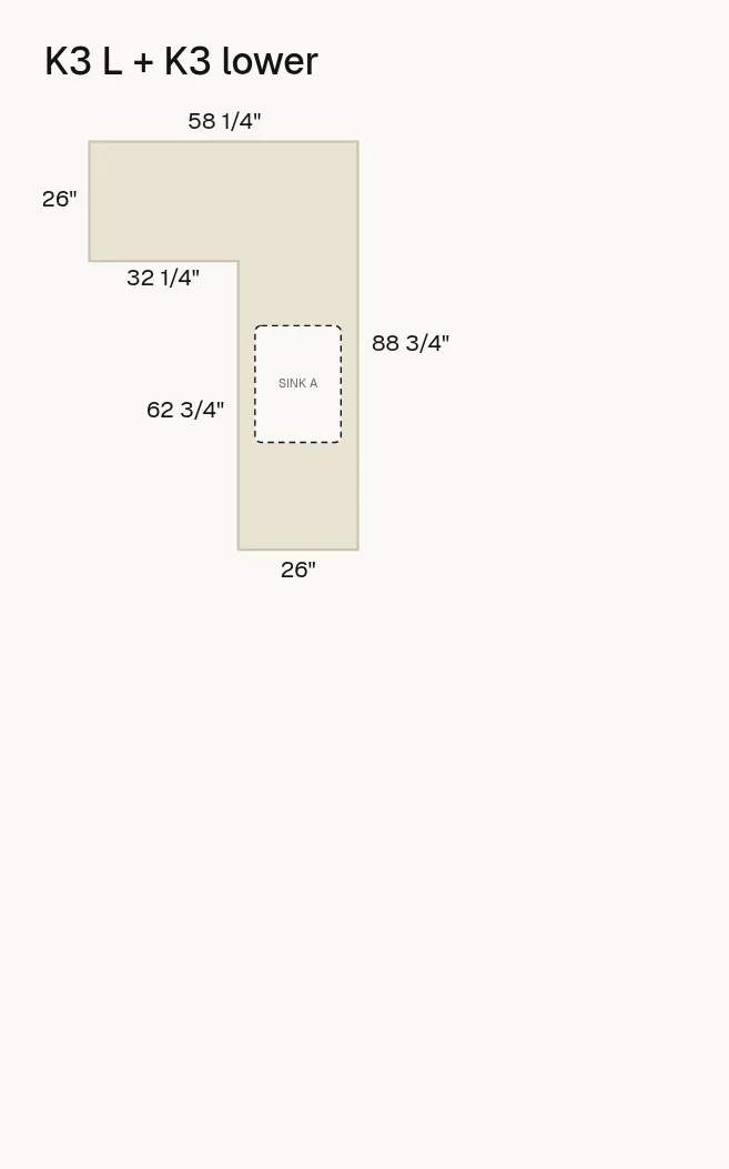 An architectural layout drawing of kitchen counters with dimensions and a sink cutout.